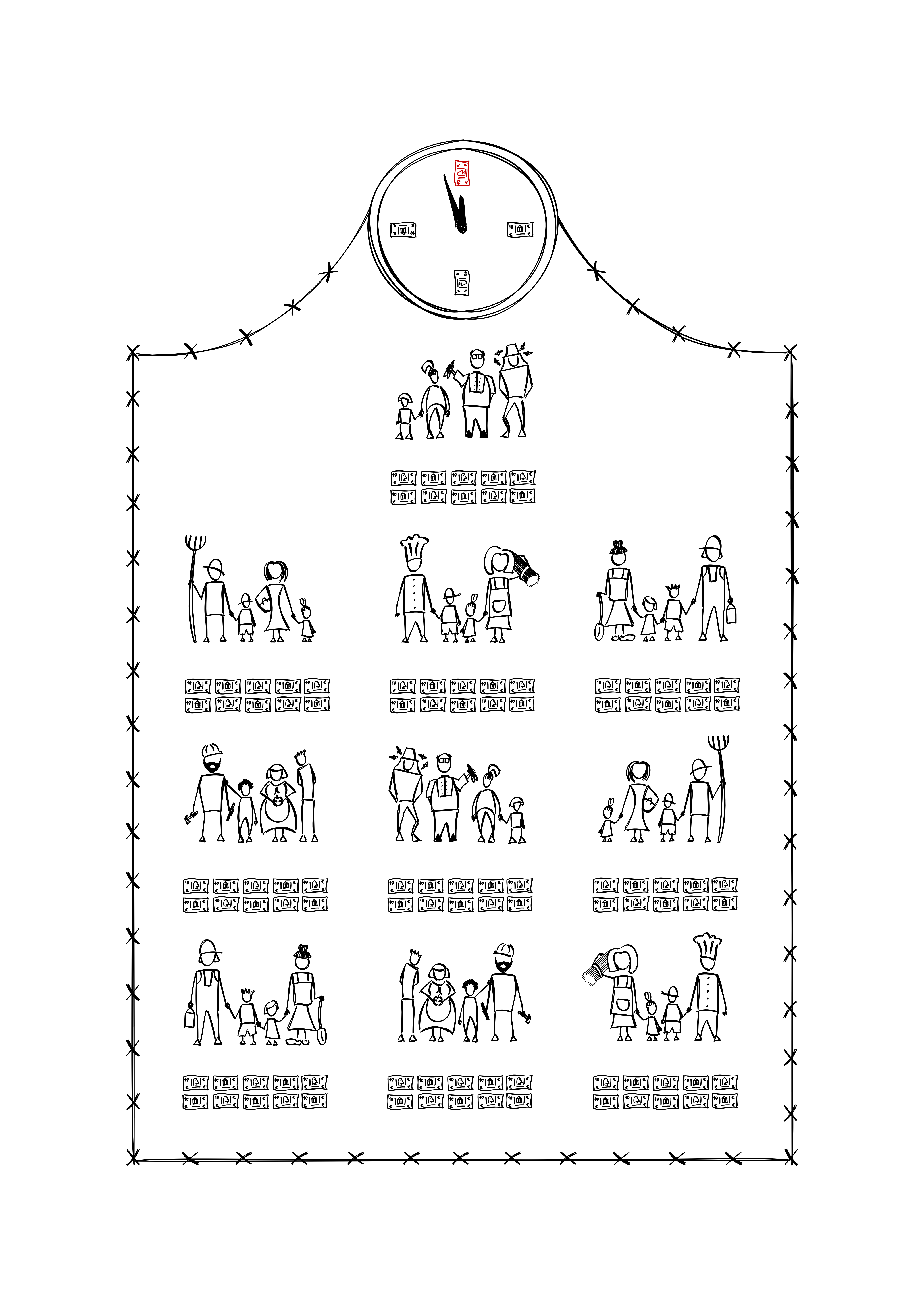 Ten families with ten notes each, surrounded by barbed wire. Above is a clock set at five to twelve, with a red money note in place of the number twelve