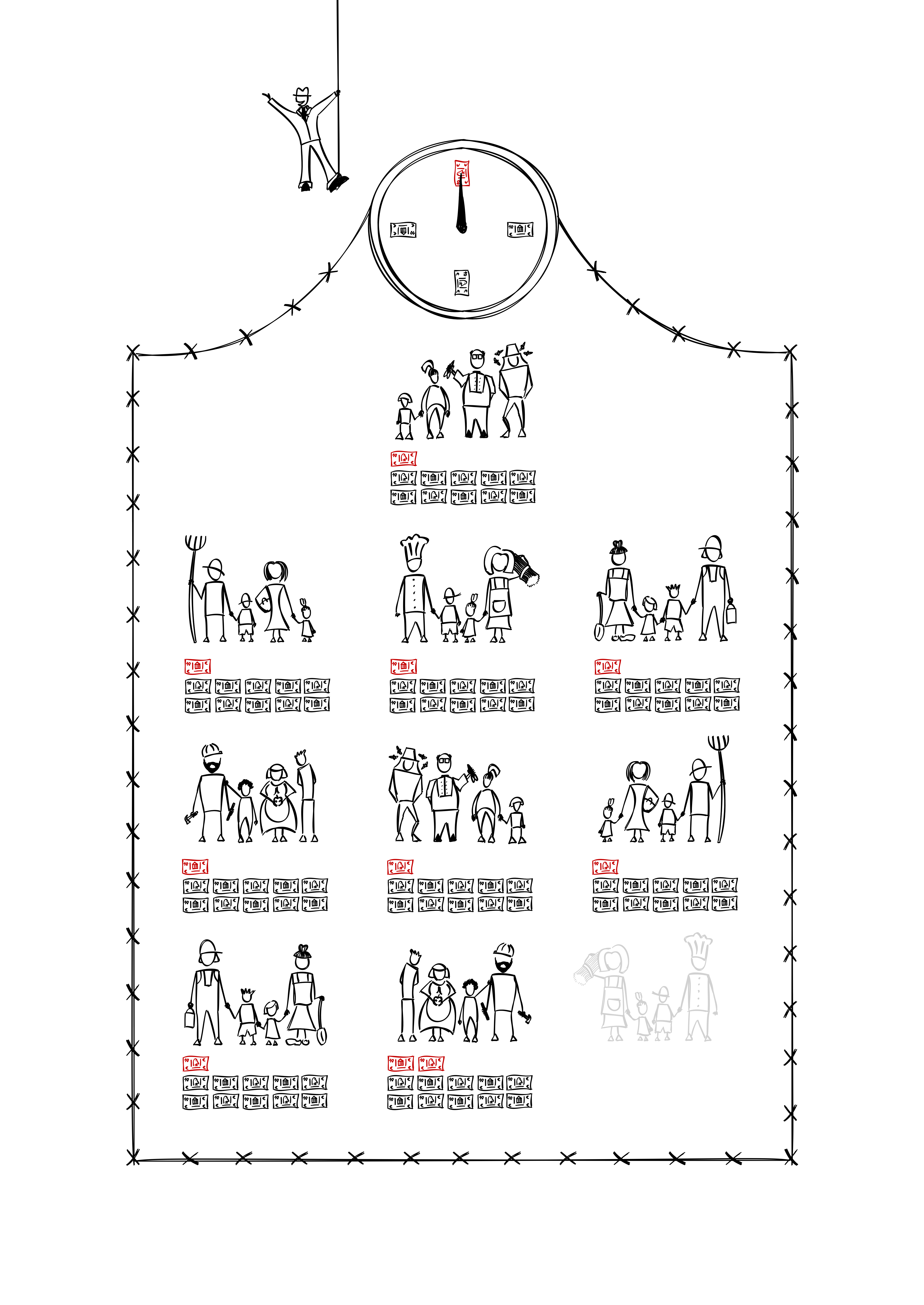 Eight families with 11 notes each, the 11th note is red); one family has 12 notes (the 11th and 12th notes are red); one family is gone.