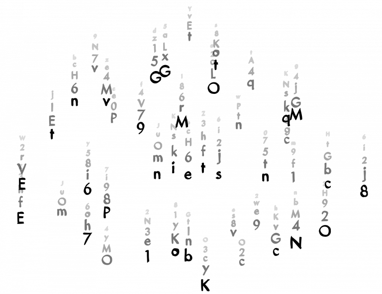 Matrix-tekening met letters en cijfers die naar beneden druppelen, in het midden van de brei vind je het woord 'niets'.