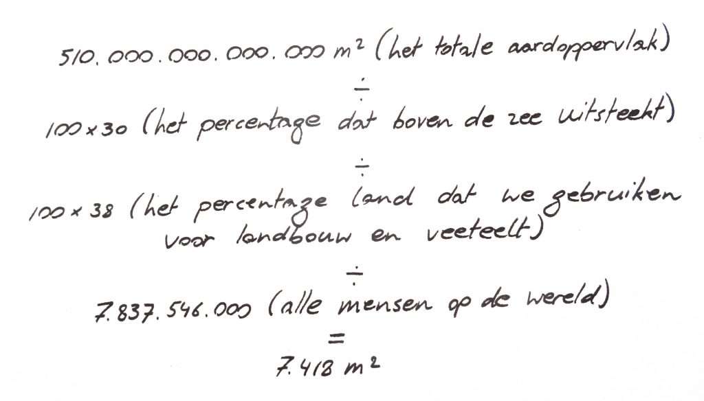 510.000.000.000.000 m² (het totale aardoppervlak) / 100 x 30 (het percentage dat boven de zee uitsteekt / 100 x 38 (het percentage land dat we gebruiken voor landbouw en veeteelt) / 7.837.546.000 (alle mensen op de wereld) = 7.418 m²