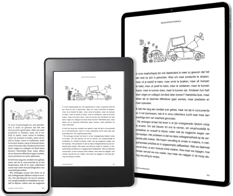 De Epub-versie van het e-boek, vertoond op een computerscherm, tablet en mobiel.