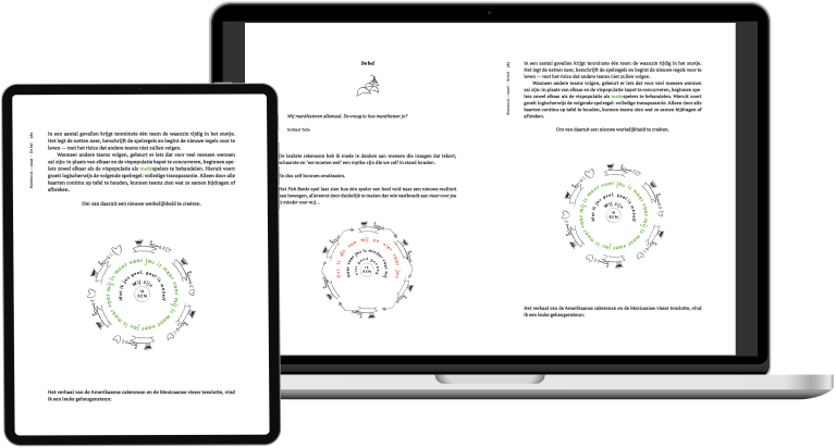 Het e-boek in PDF, vertoond op een computerscherm en tablet.