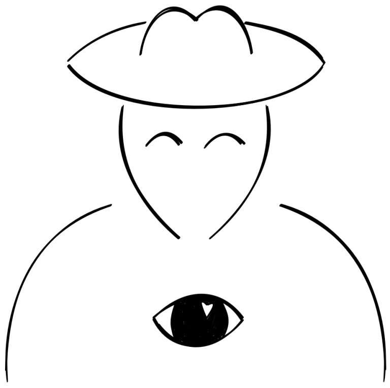 Man met hoed en op de plek van zijn hart een open oog.